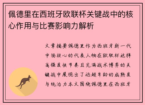 佩德里在西班牙欧联杯关键战中的核心作用与比赛影响力解析